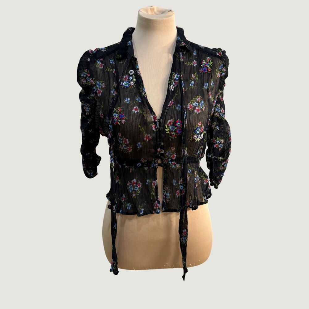 Free People Black Embroidered Floral Crinkle Sheer Smocked Peplum Top Cottage S